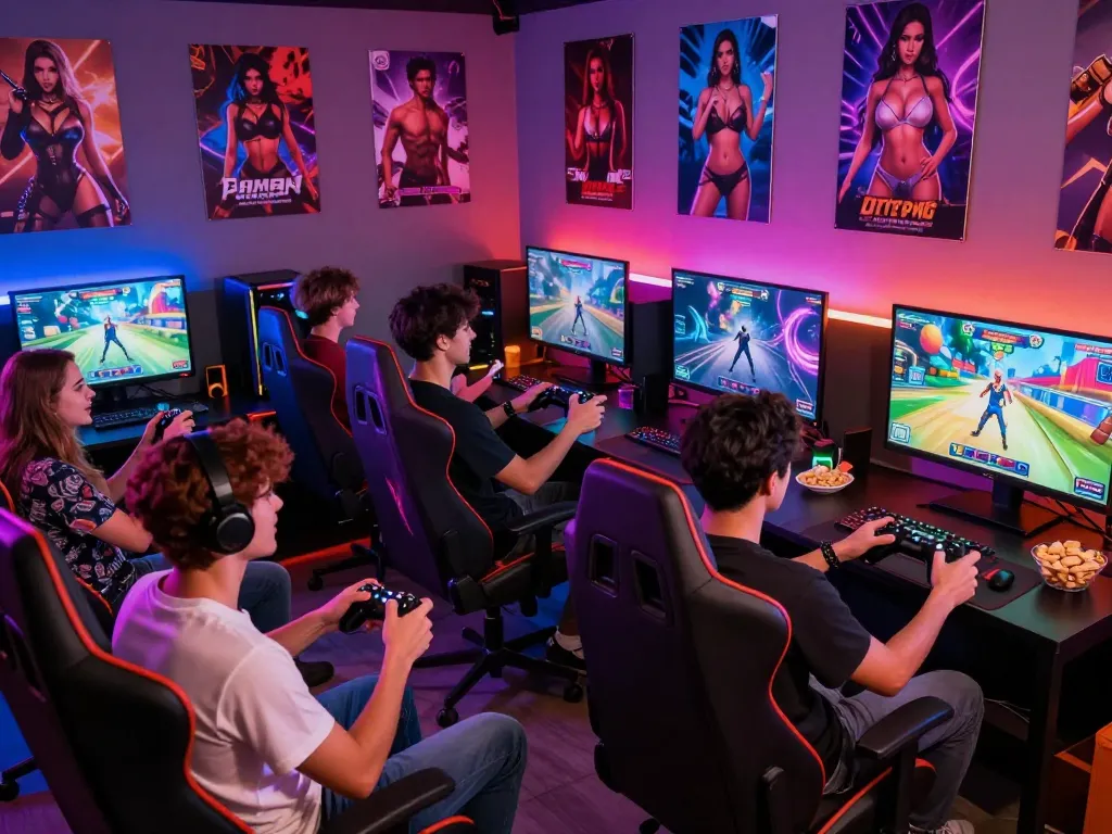 Group of friends playing an adult game in a vibrant gaming lounge with colorful lights and immersive screens.