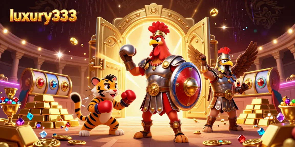 Gambar promosi luxury333 menampilkan gladiator, harimau, dan elemen kasino