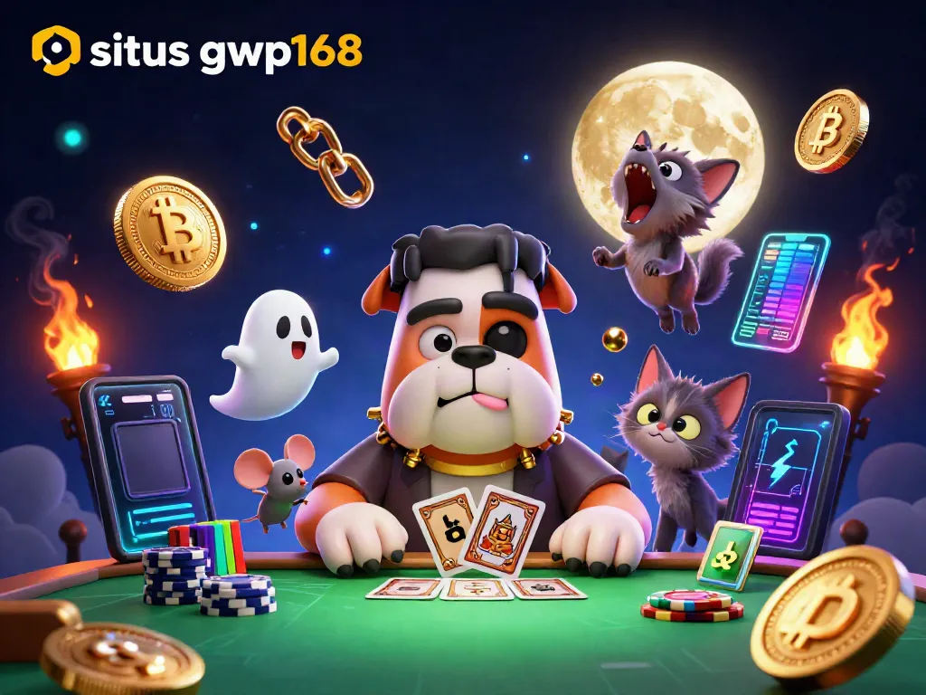 Permainan kartu di situs gwp168 bersama karakter monster menyeramkan dan kucing serigala.
