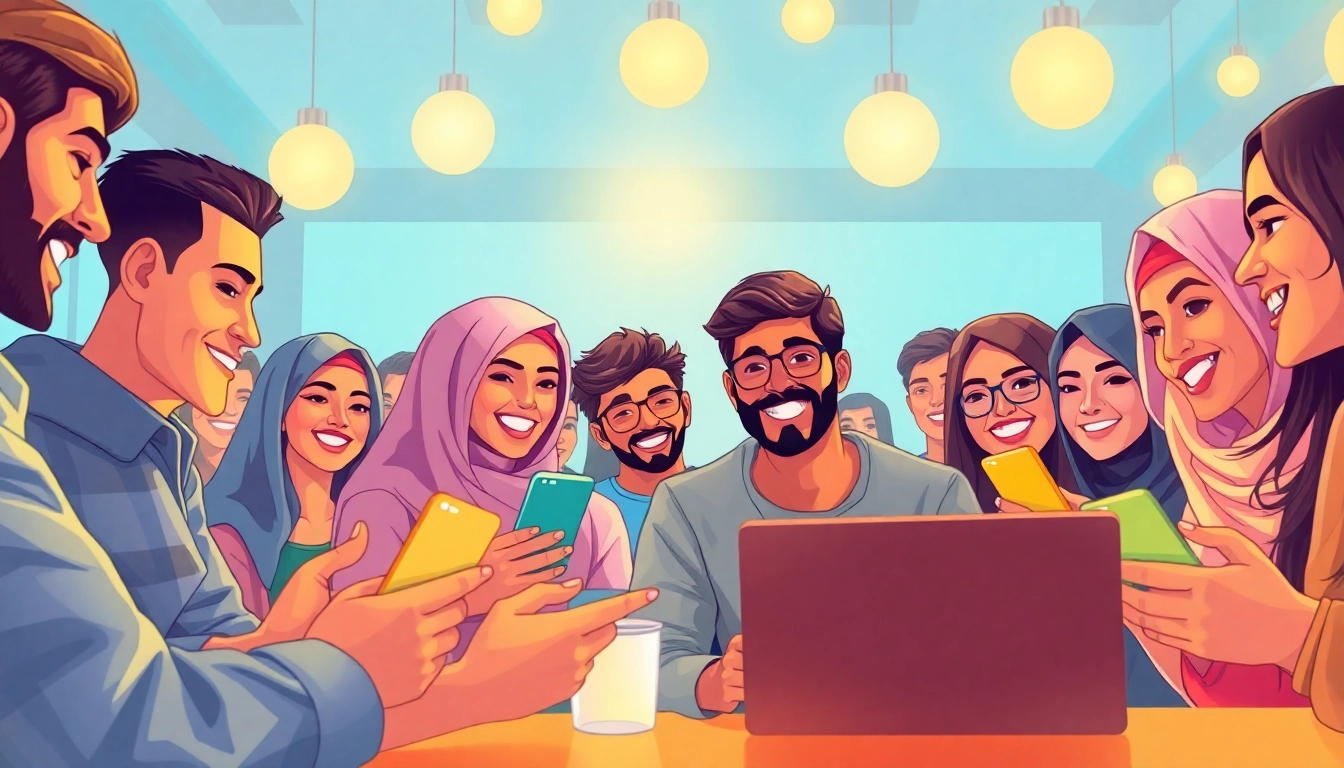 مشهد غرفة دردشة ديناميكي يعرض تفاعلات شات الرياض مع أشخاص متنوعين يتواصلون عبر أجهزة الهواتف المحمولة.