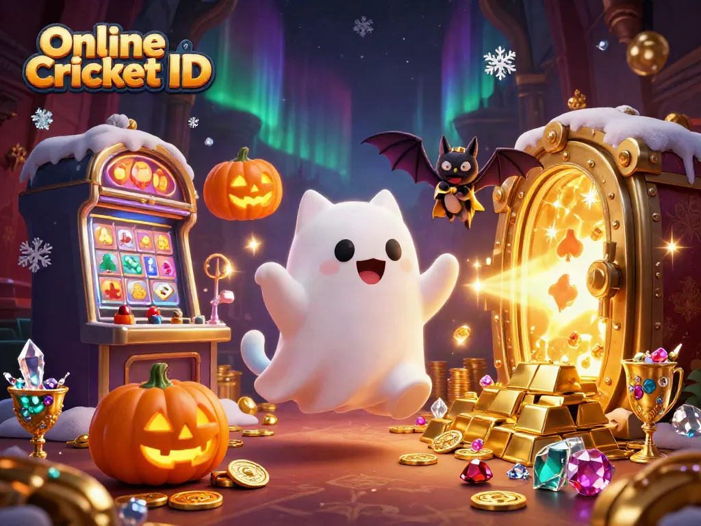 Online Cricket ID featuring a ghost cat and vampire bat in a haunted casino scene with rich treasures.