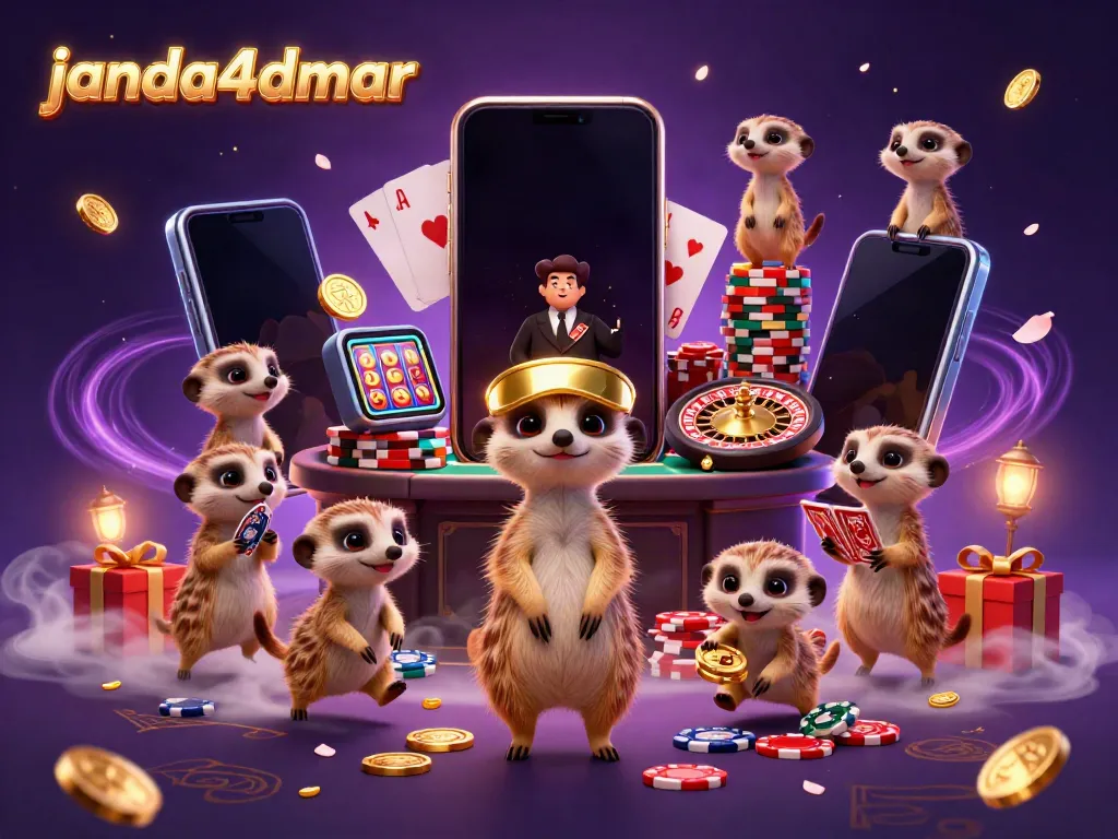 Meerkats menjalankan operasi kasino yang menyenangkan dalam ilustrasi digital janda4dmar yang hidup dan penuh warna.