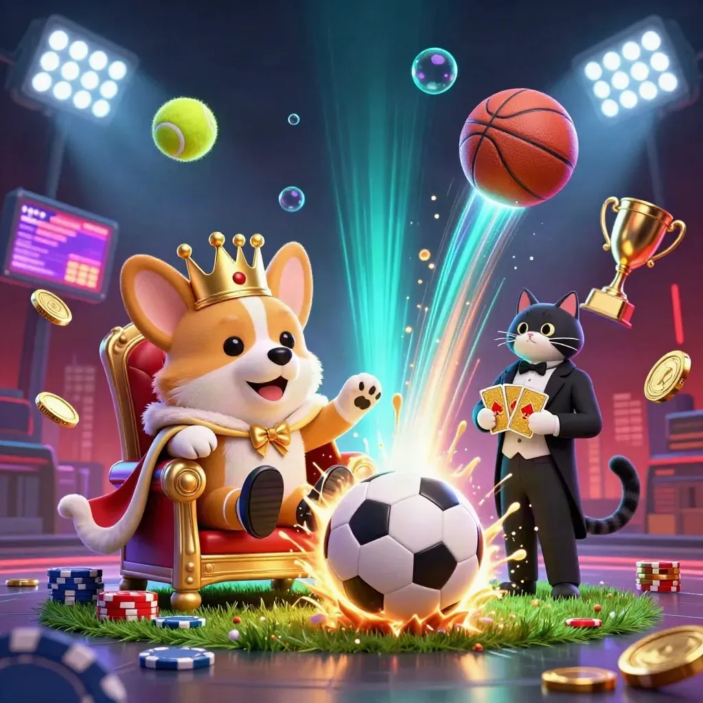 Royal corgi and cat butler amid flying sports balls, chips, coins, and stadium lights.