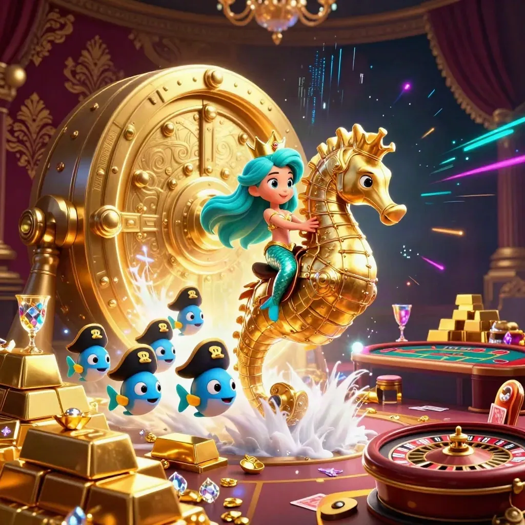 Mermaid princess on a golden seahorse amid treasure vault, casino table, roulette, and pirate fish.