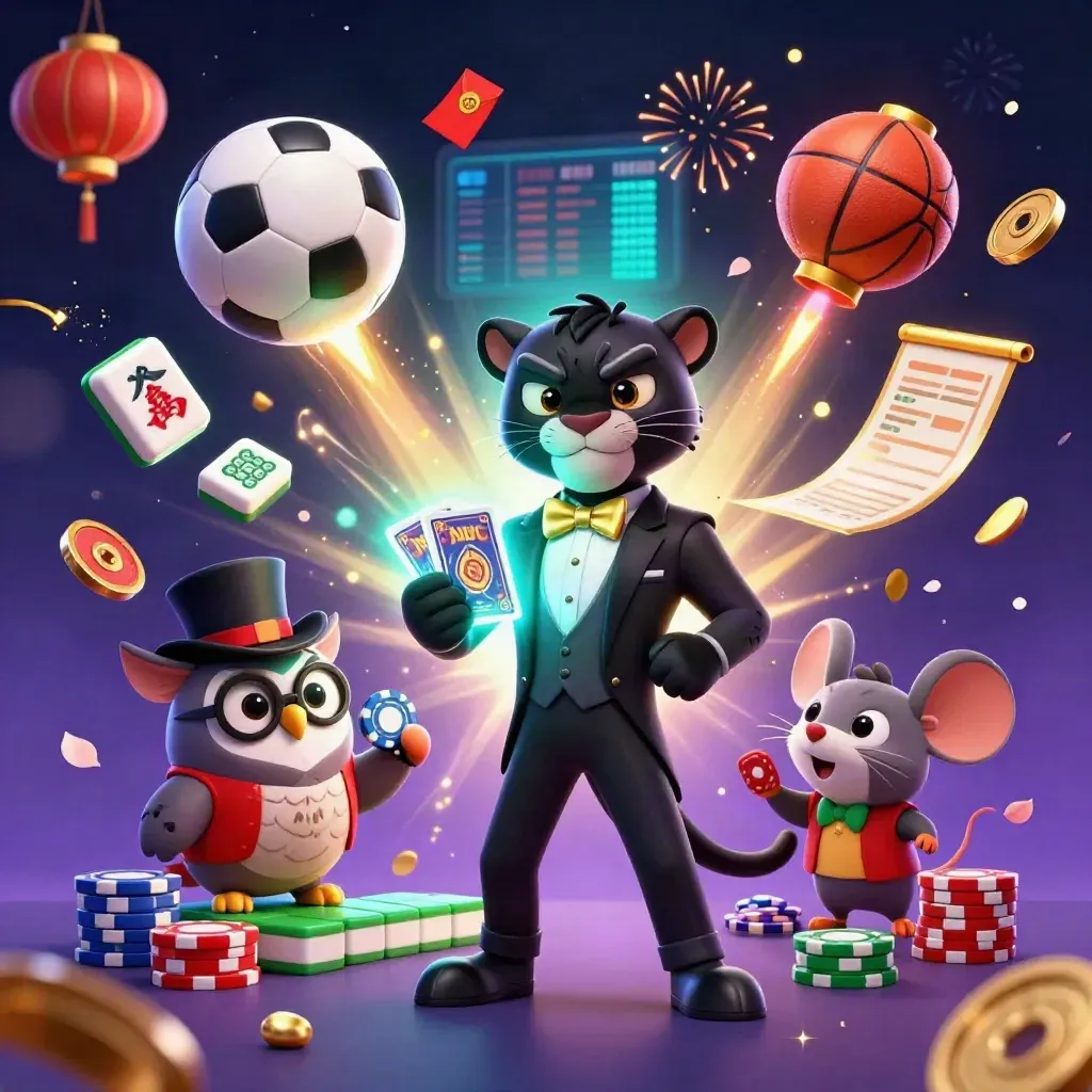 Black panther, owl and mouse amid casino chips, sports balls, lanterns and gold sparks.