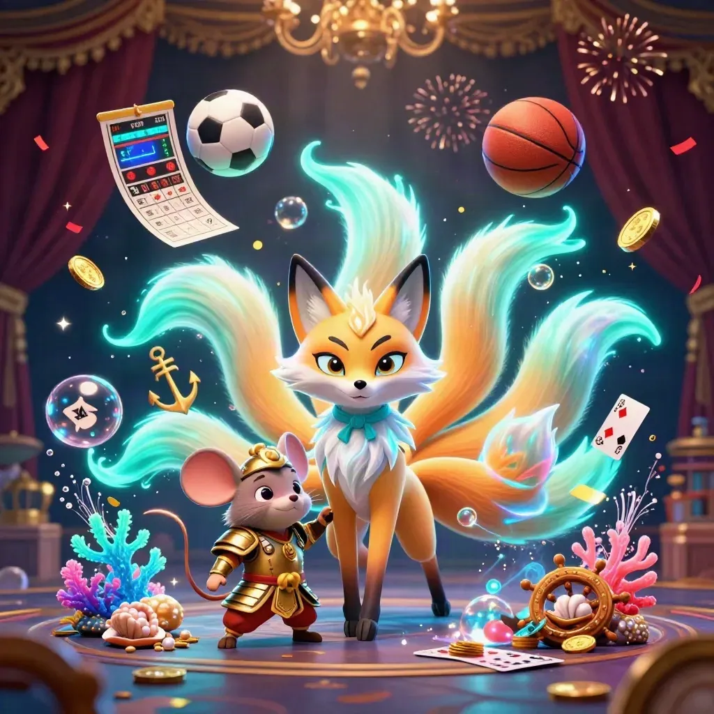 Neon fox spirit and armored mouse amid sports balls, casino treasure, and gold-lit bubbles.
