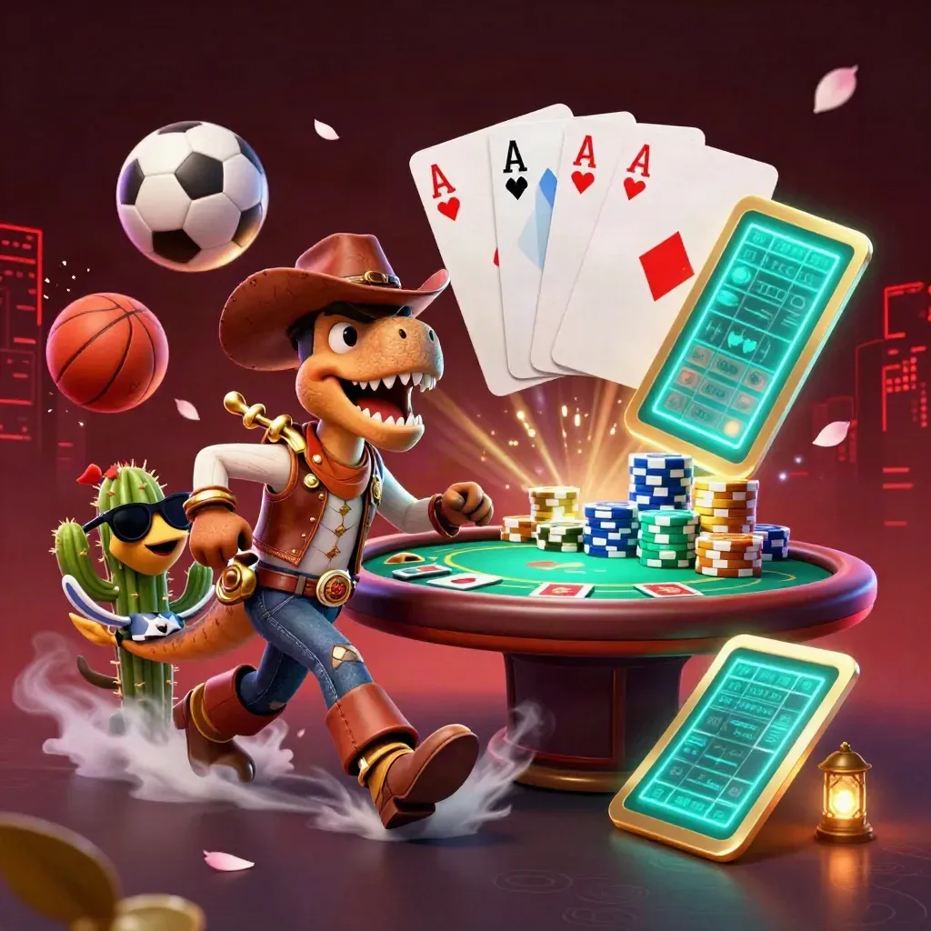 Cowboy T-Rex, cactus, and roadrunner amid flying balls, chips, and casino glow.