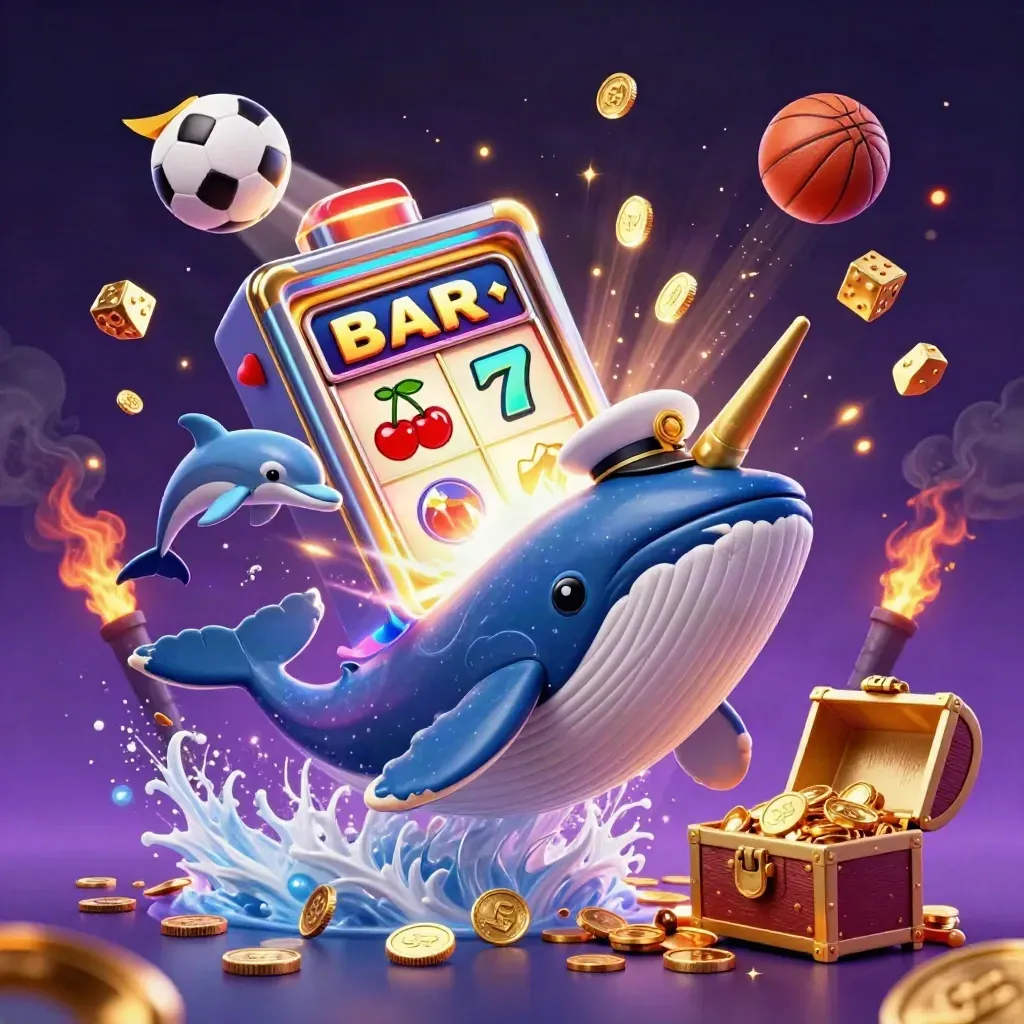 Captain whale, narwhal, and dolphins burst amid coins, slots, dice, and gold in neon casino style.