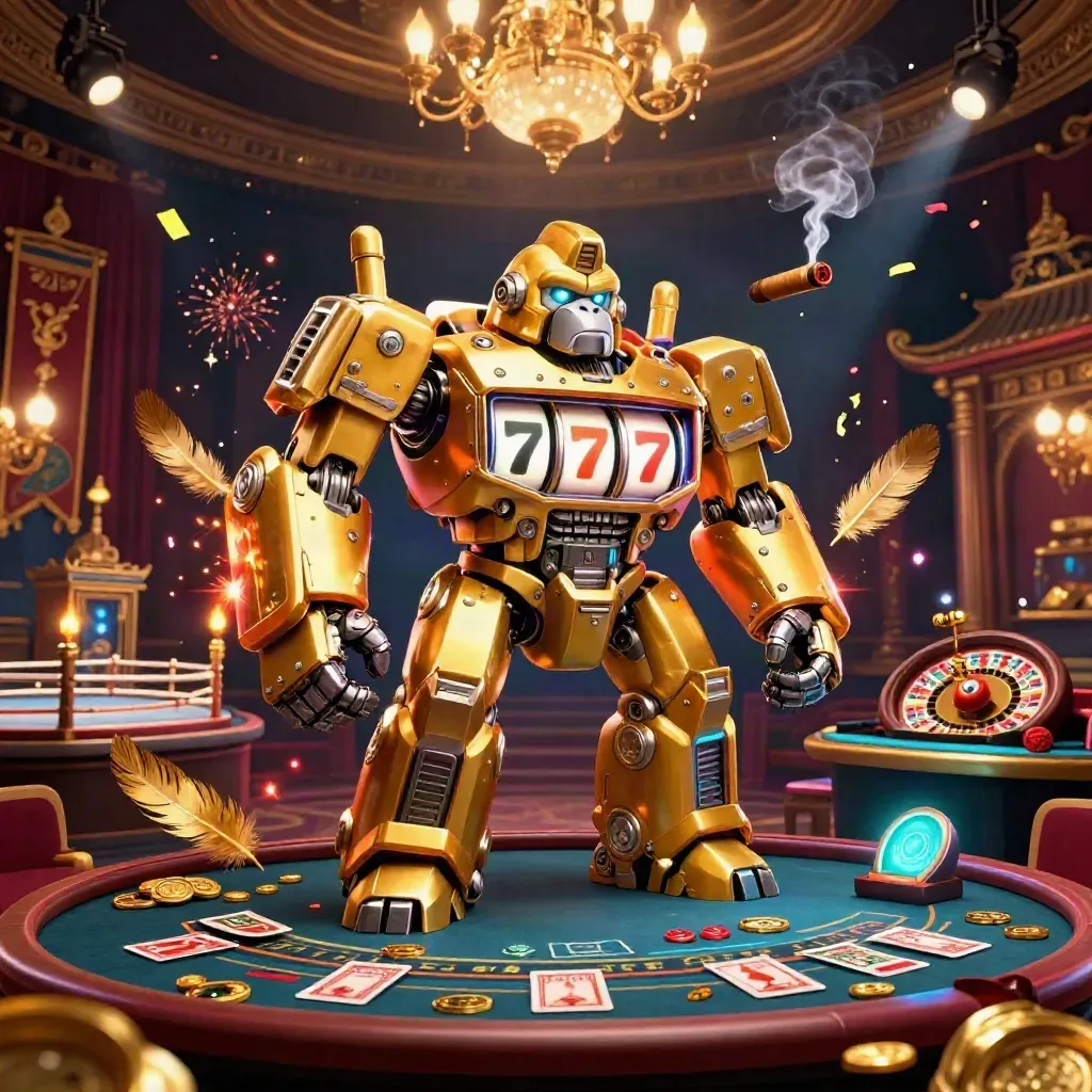 Golden gorilla slot-mech with monkey pilot in a luxe casino room, coins, sparks, roulette glow