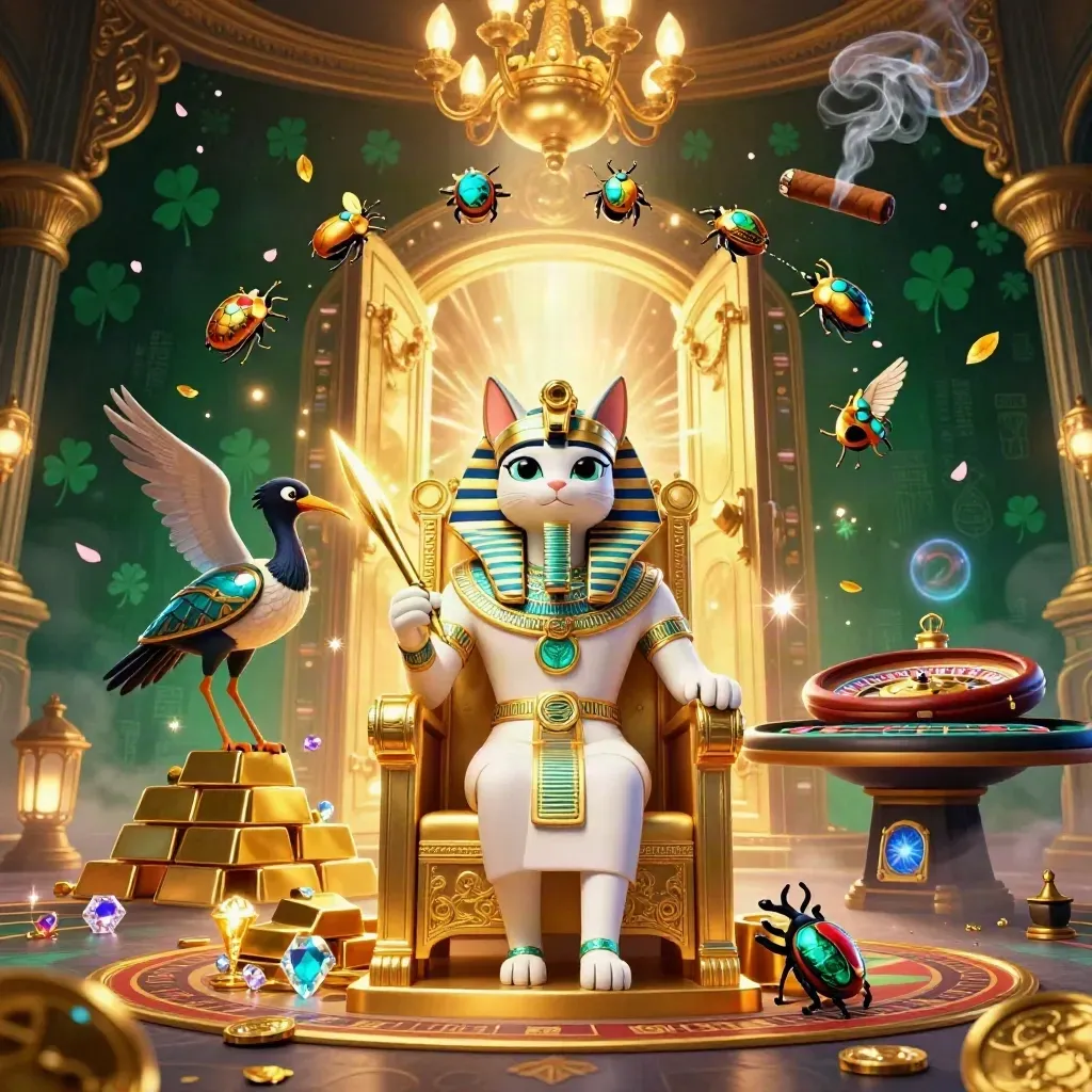Pharaoh cat on a golden throne amid treasure, runes, smoke, and jewel-lit casino glow