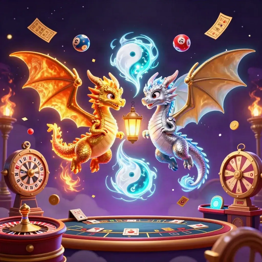 Twin gold and silver dragons swirl around casino icons in a neon starfield.