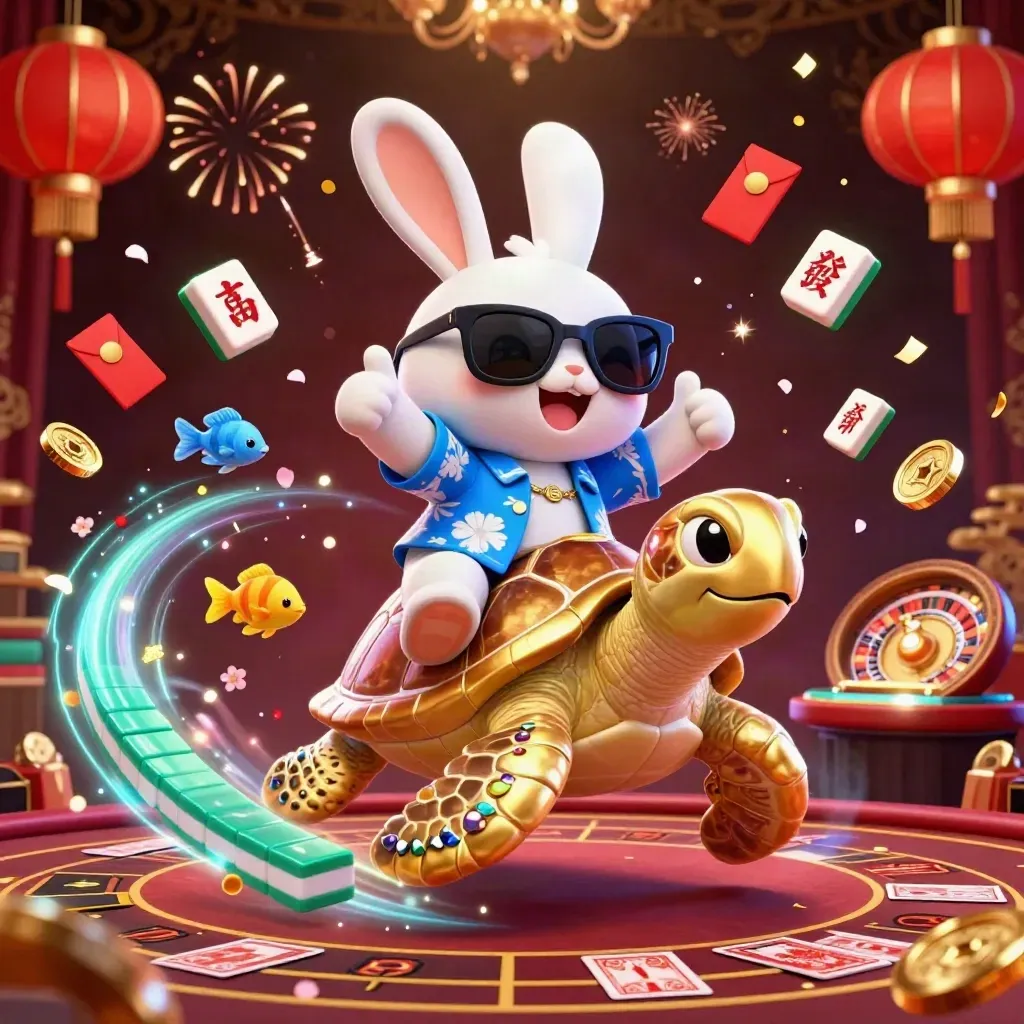 Lucky rabbit rides a golden sea turtle amid casino lights, lanterns, coins, and fireworks.