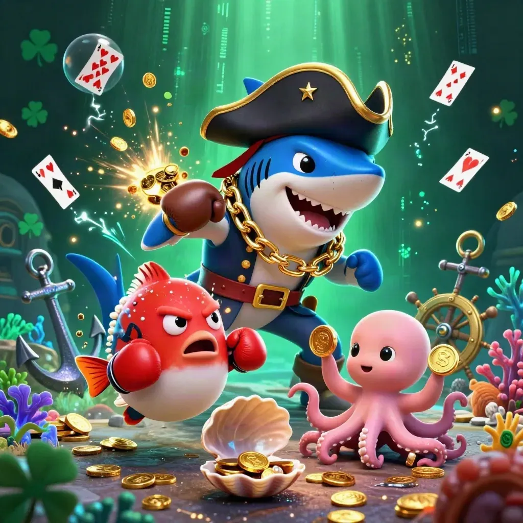 Pirate shark, boxing pufferfish, and coin-juggling octopus in neon treasure cove chaos.