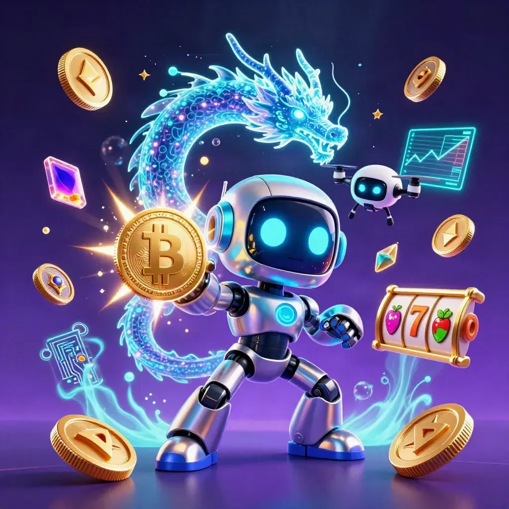 Cyberpunk robot, particle dragon, and coin drone amid glowing crypto coins and casino effects.
