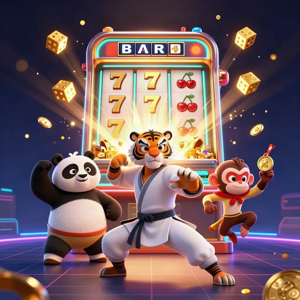Kung-fu tiger, panda, and monkey amid a jackpot slot explosion with gold and gems