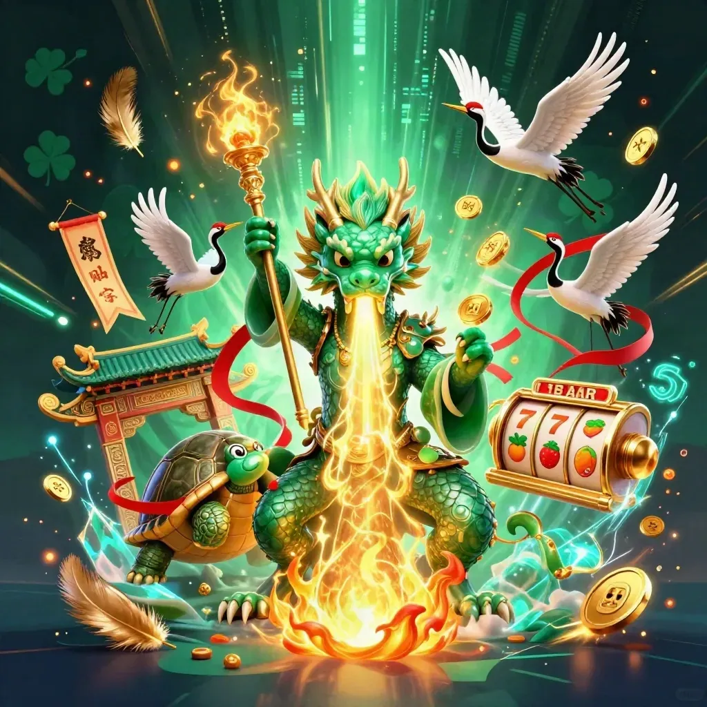 Emerald dragon, turtle sage, and cranes amid gold fire, coins, temple gate, neon streaks