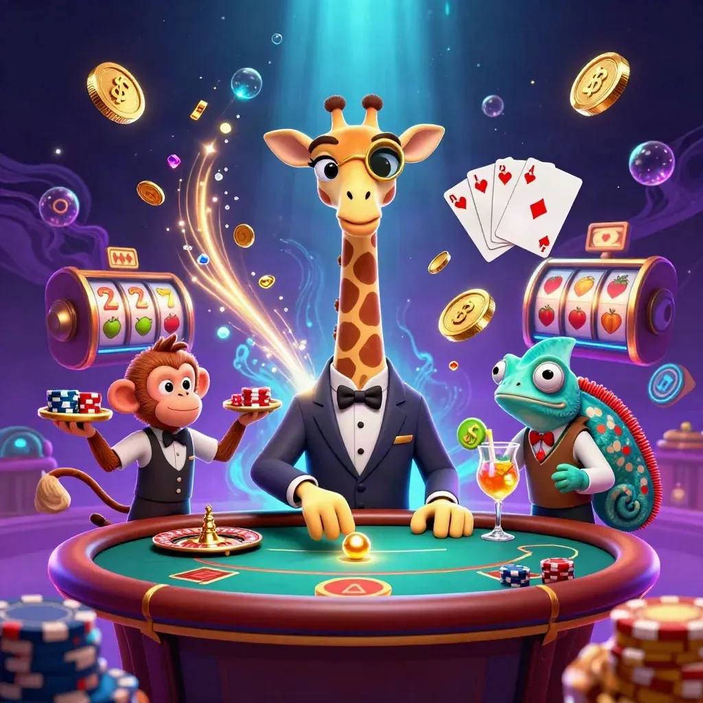 Luxury giraffe, monkey valet, and chameleon bartender amid coins, gems, roulette wheel, and chips.
