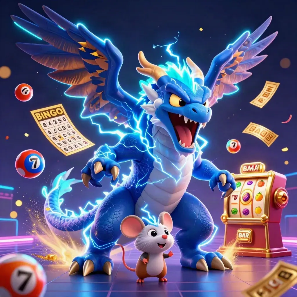 Thunder dragon, wind hawk, and crackling mouse amid casino jackpots and glowing coins.