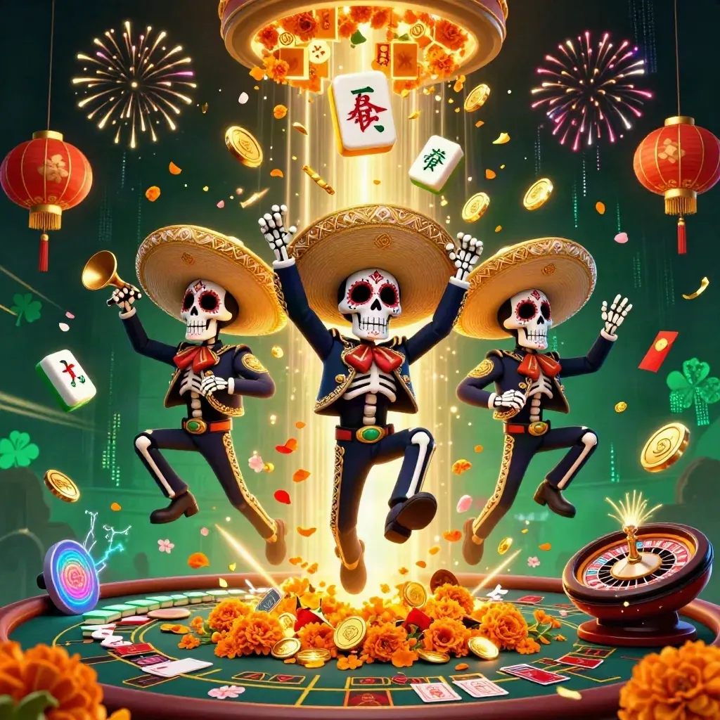 Skeleton mariachi trio amid bursting vault, coins, fireworks, casino symbols, and neon effects.