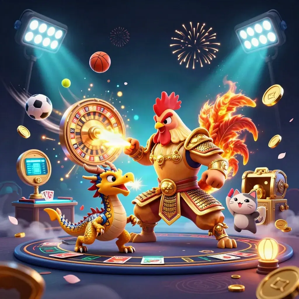 Rooster warrior, dragon hatchling, and fortune cat amid casino treasures, coins, and fireworks.