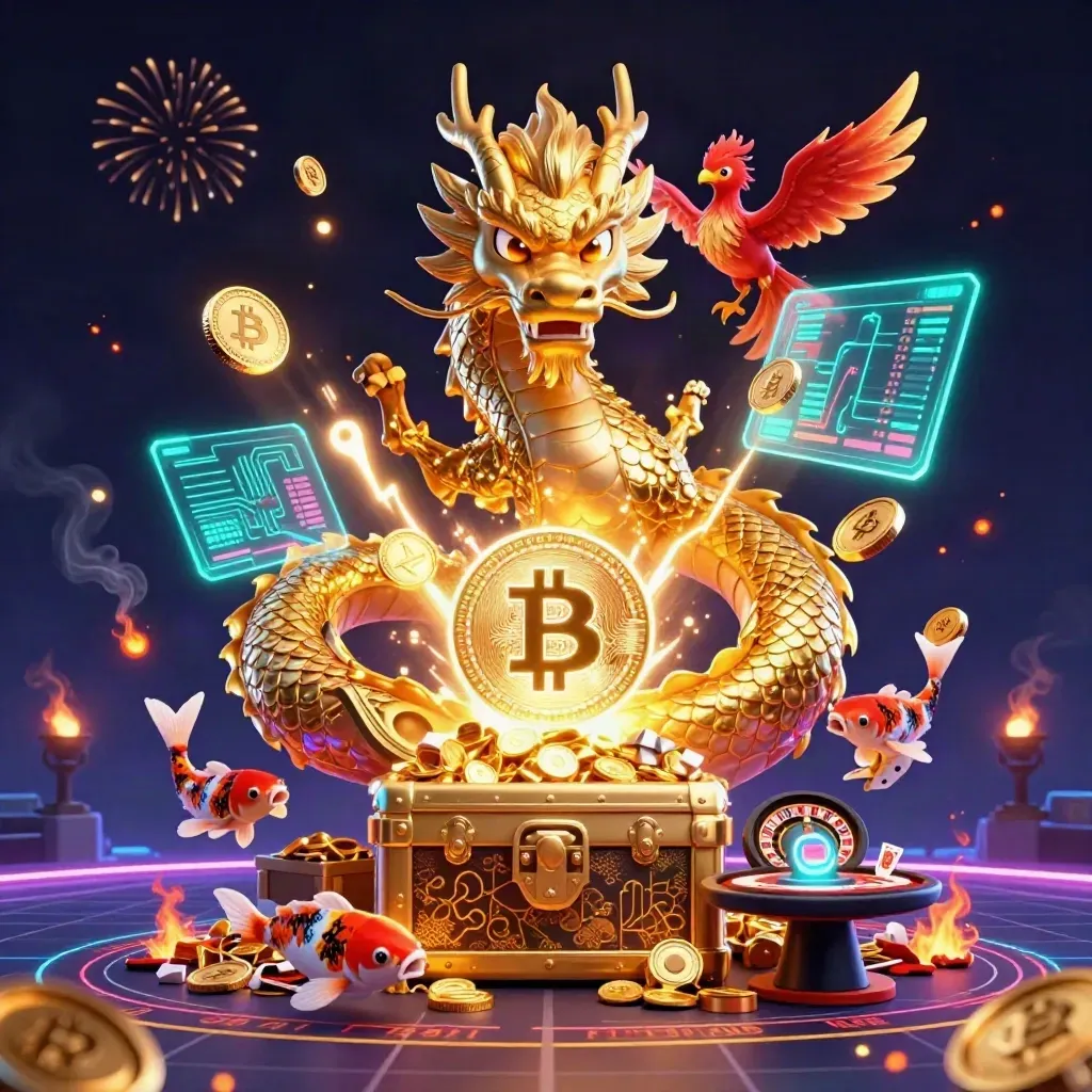 Golden dragon, phoenix, koi, coins, crypto symbols, roulette and cards in a luxe casino burst.