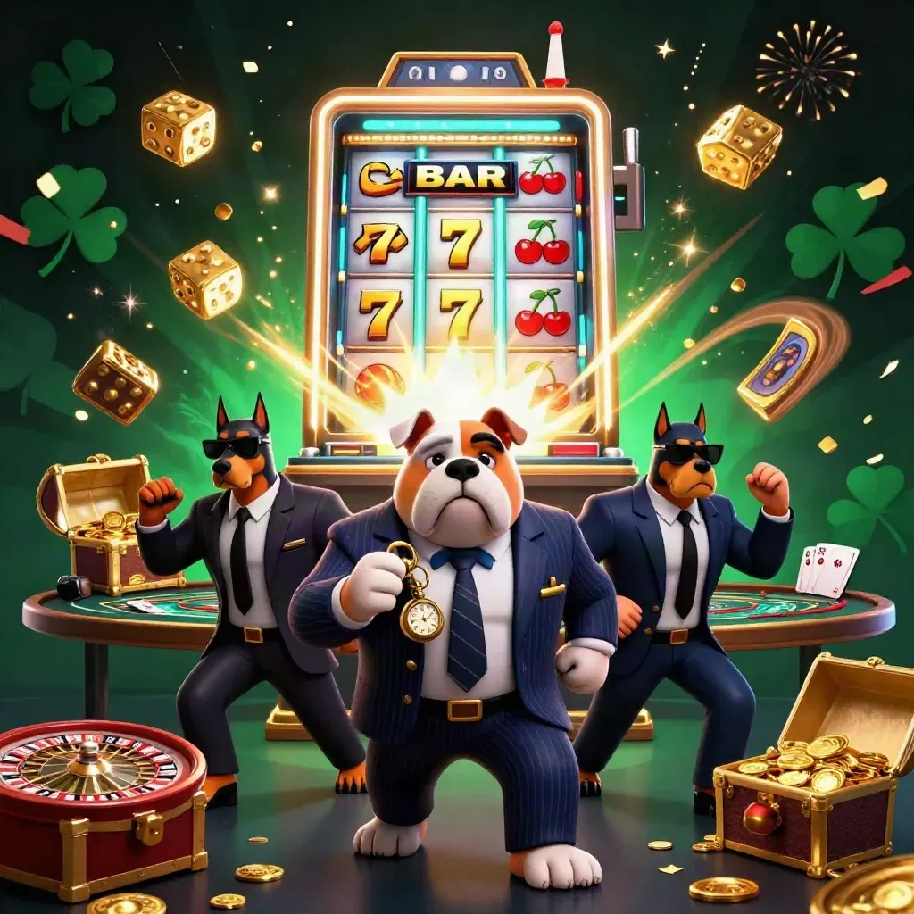 Bulldog mob boss and two Dobermans amid jackpot slot burst, gold, dice, cards and fireworks.