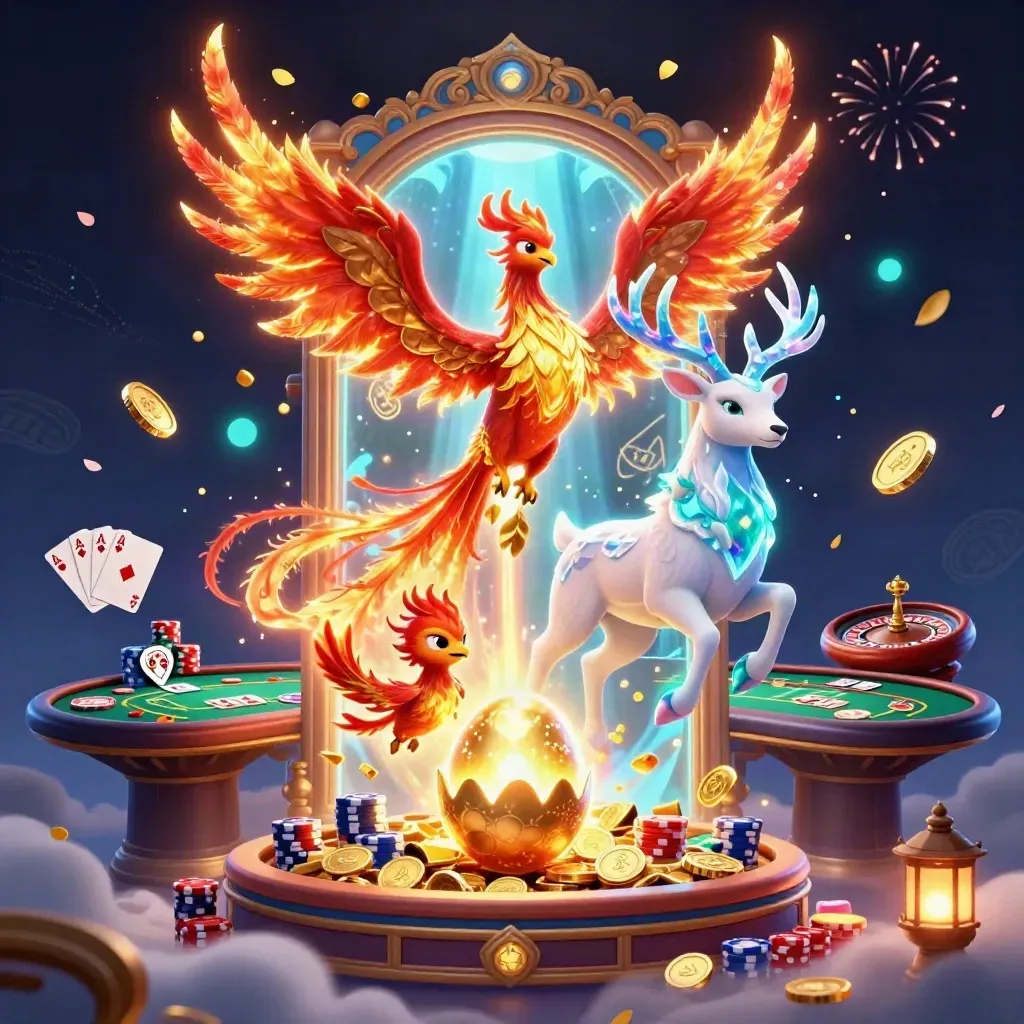 Fire phoenix, baby phoenix, and crystal-antler stag amid coins, cards, chips, and casino glow.