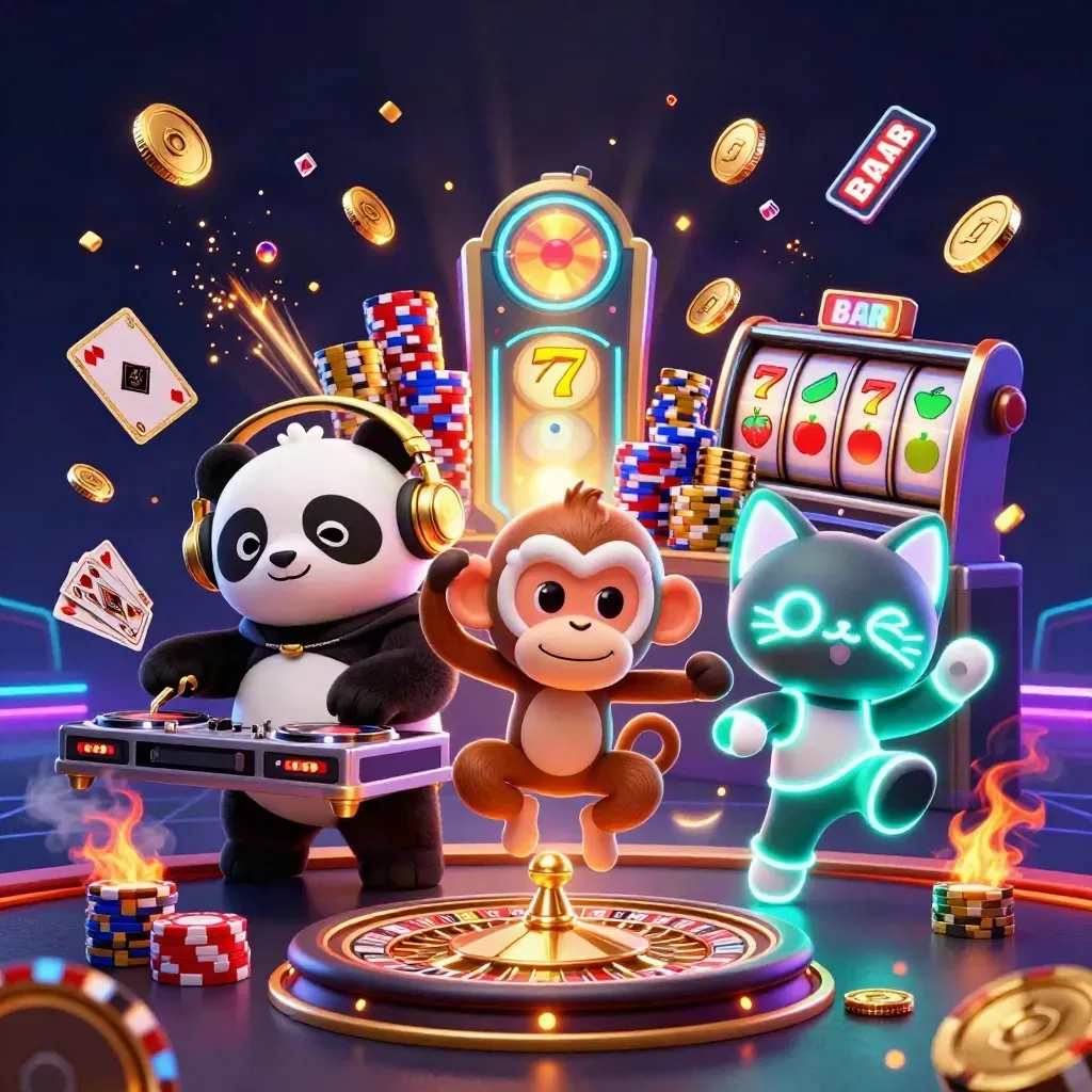 DJ panda, breakdancing monkey, and glow-stick kitten amid casino coins and neon slots