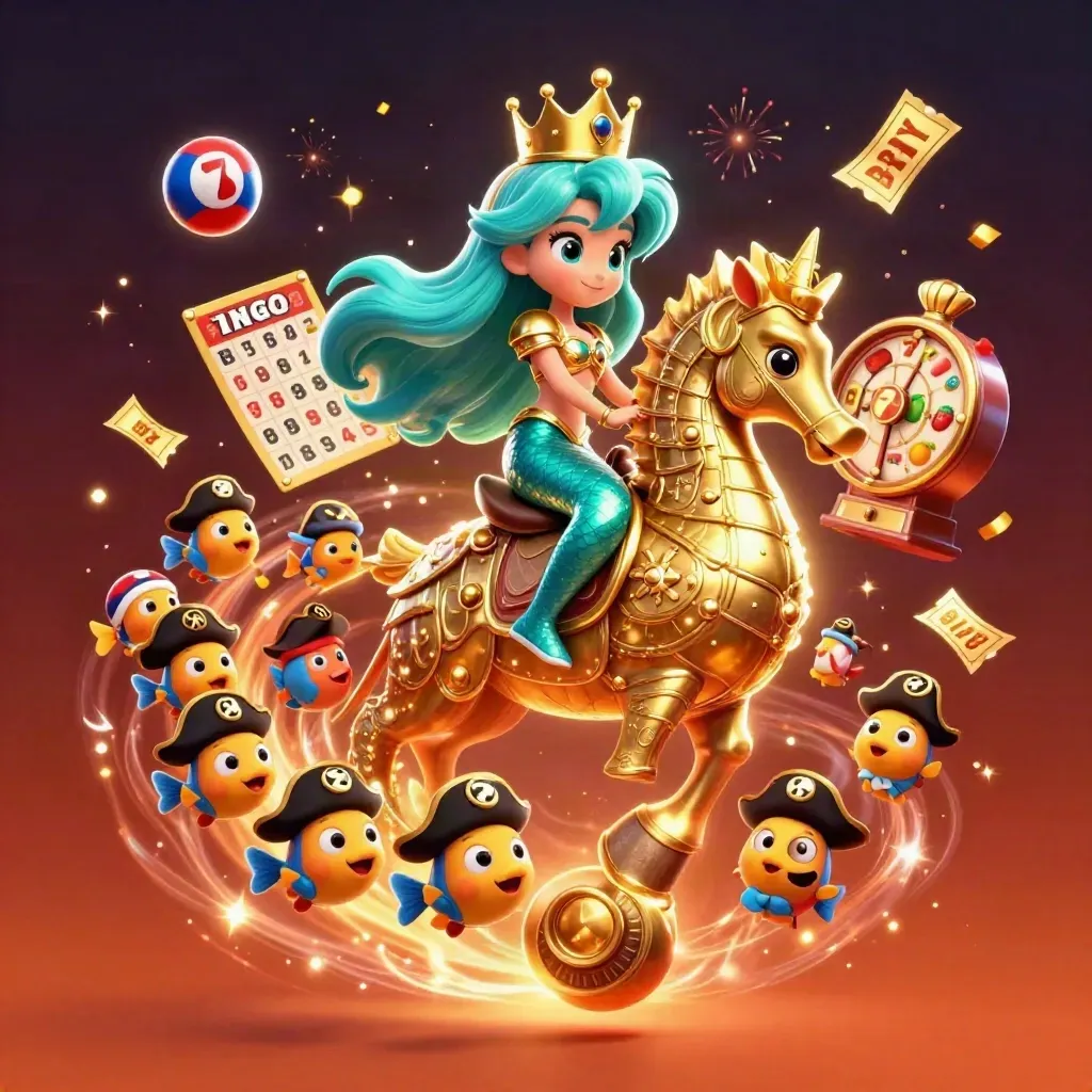 Mermaid princess riding a gold-armored seahorse amid casino bursts, confetti, and glowing reels