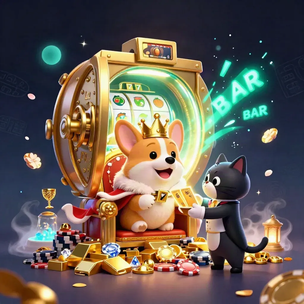 Royal corgi king and cat butler amid gold, gems, vault light, and casino reels.