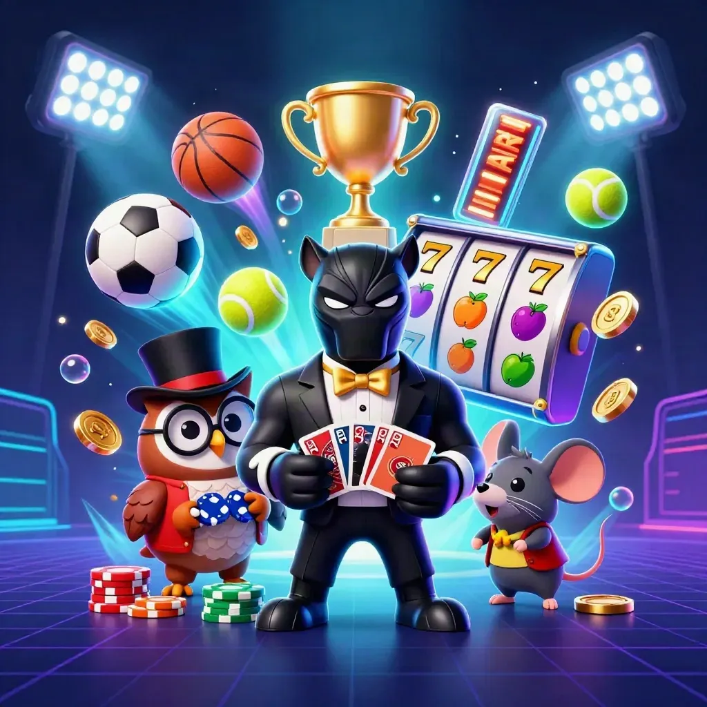 Black panther, owl, and mouse amid casino chips, balls, coins, and glowing reels.
