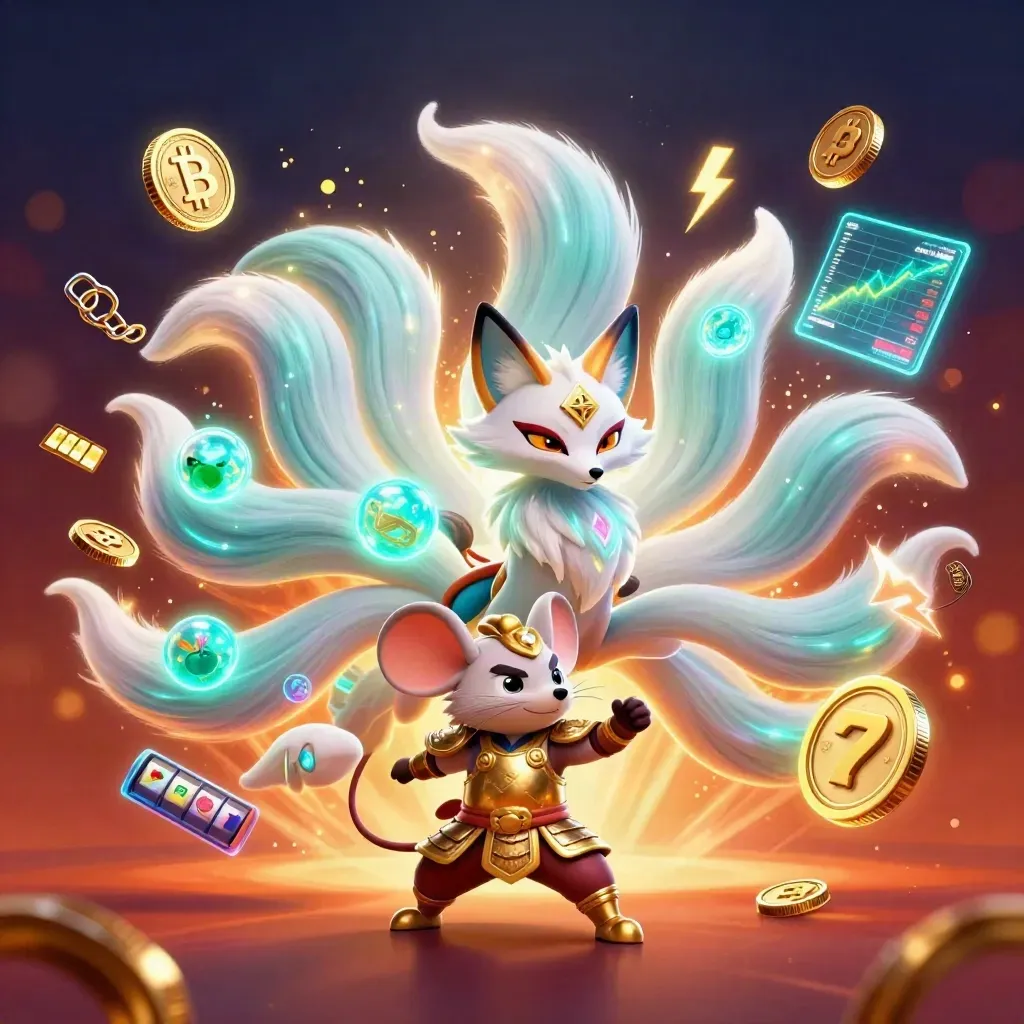 Fox spirit and armored mouse amid casino coins, reels, lightning, and glowing jackpot effects.