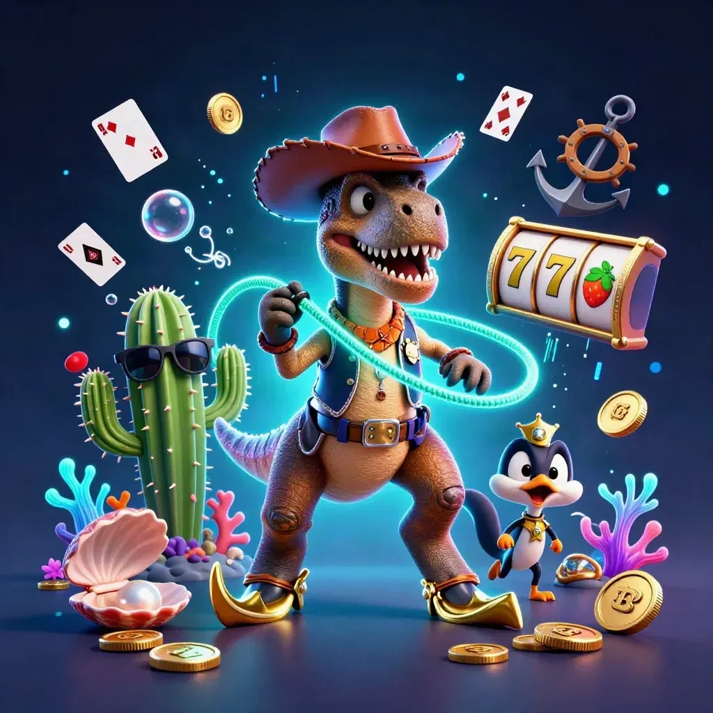 Cowboy T-Rex, cactus sidekick, and roadrunner amid jackpot coins and underwater treasure glow