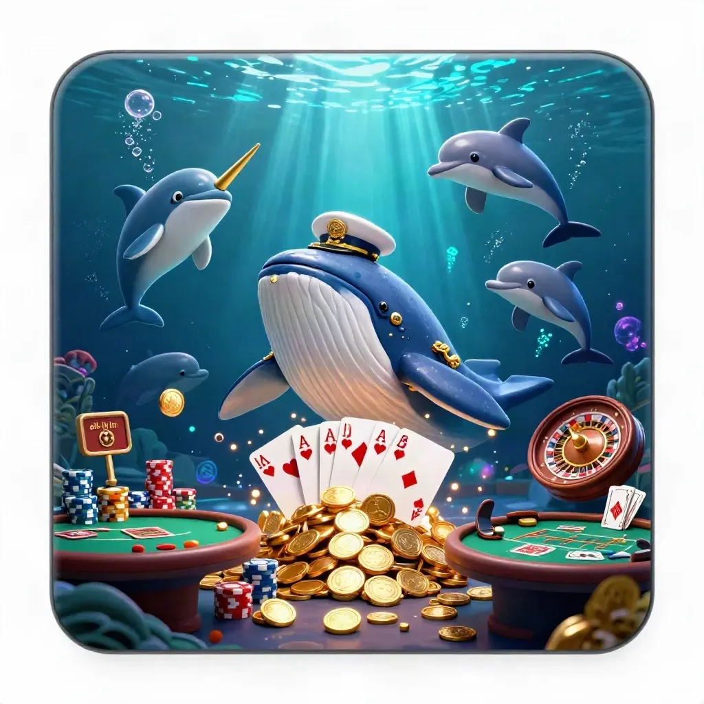 3D cartoon whale, narwhal, and dolphins amid casino chips, cards, and glowing underwater lights.