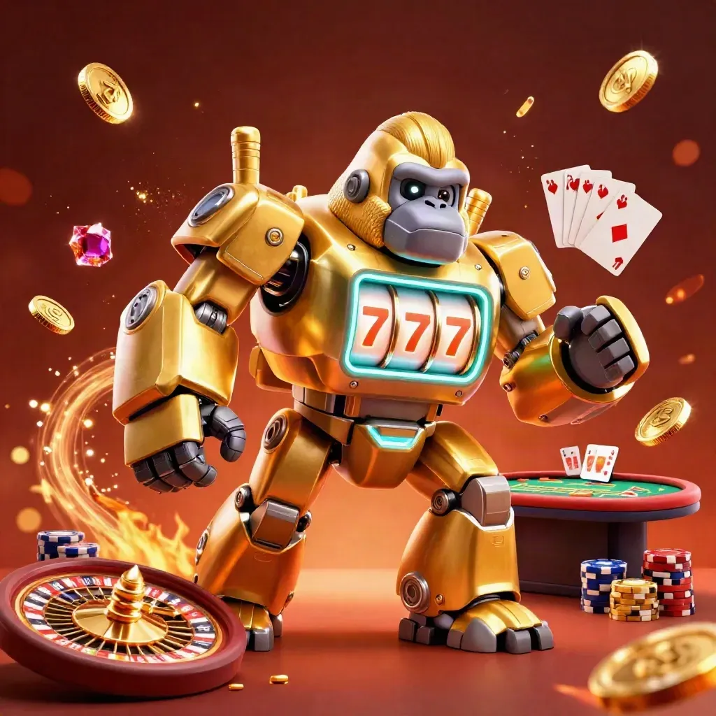 Golden gorilla slot-mech with monkey pilot, coins, chips, and roulette wheel in casino glow.