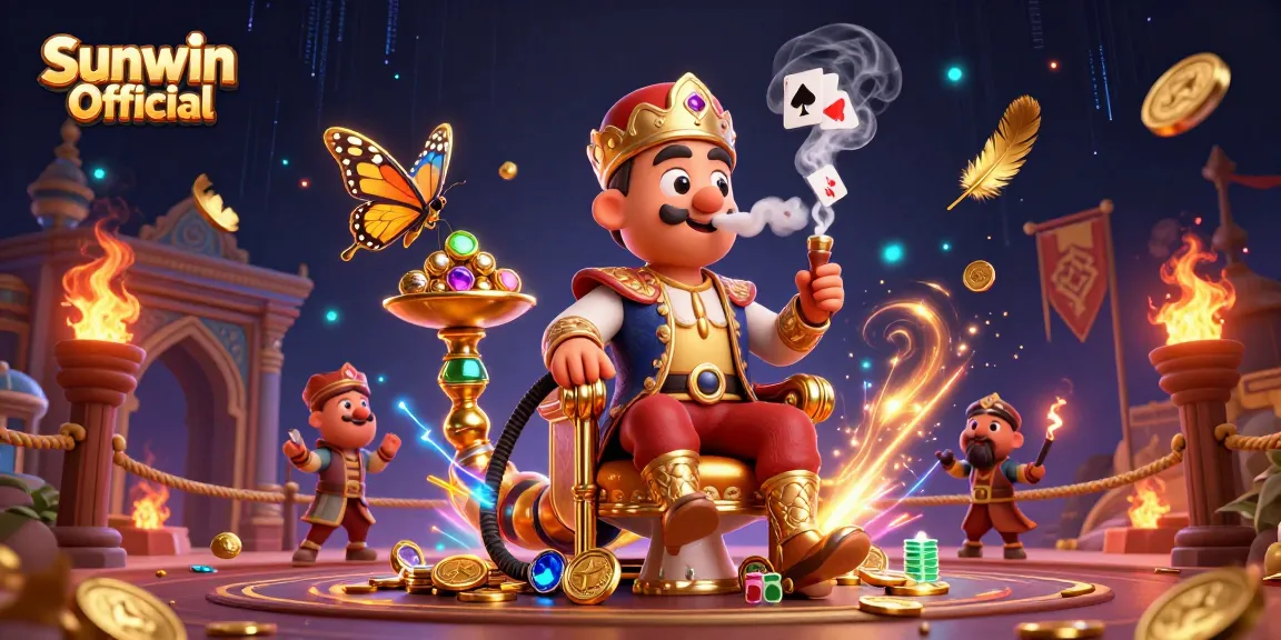 Experience the excitement of Sunwin Official with vibrant casino-themed 3D art featuring a hookah-master and glowing elements.