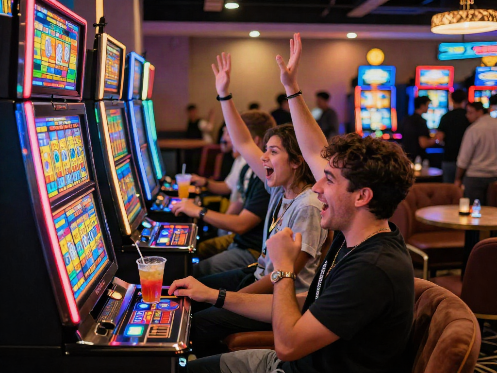Players enjoying the thrill of toto slot machines in a vibrant casino.