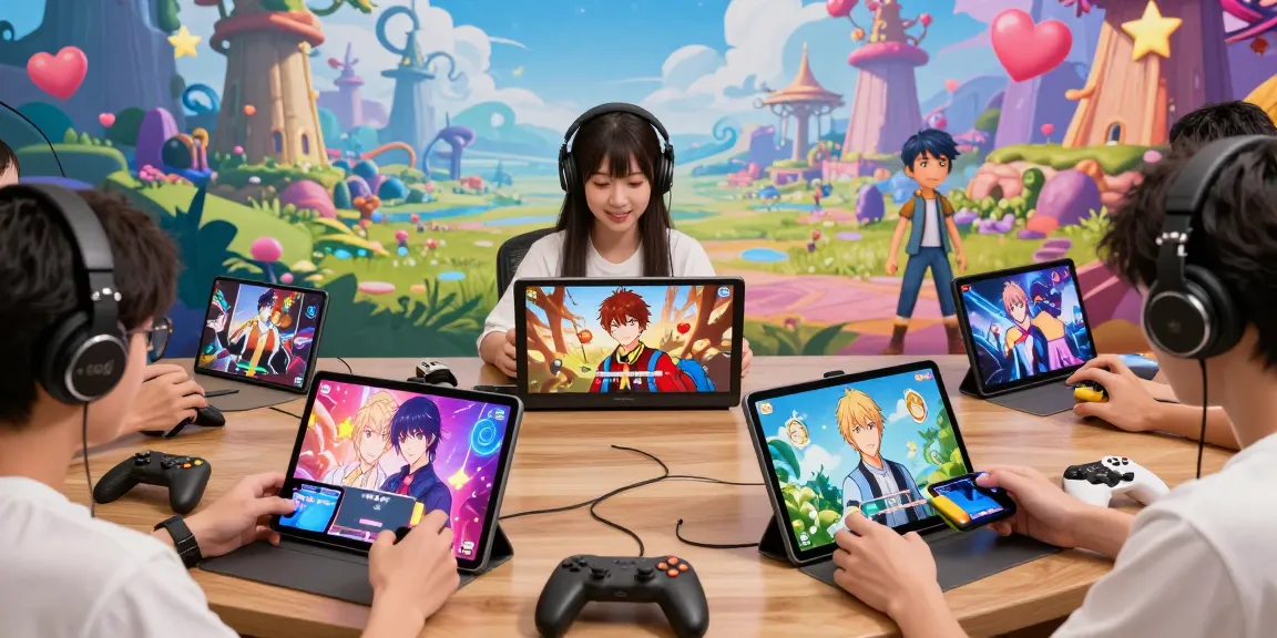 Engaging scene of players enjoying a colorful hentai game on multiple devices in a vibrant fantasy landscape.