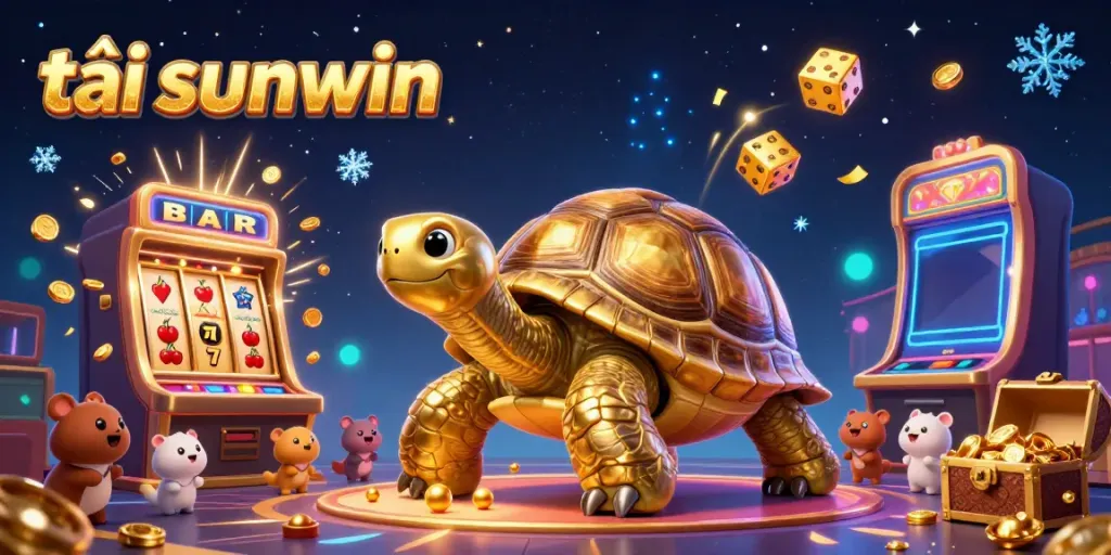 Engage with colorful slot machines and a golden tortoise in the vibrant scene featuring tải sunwin elements.
