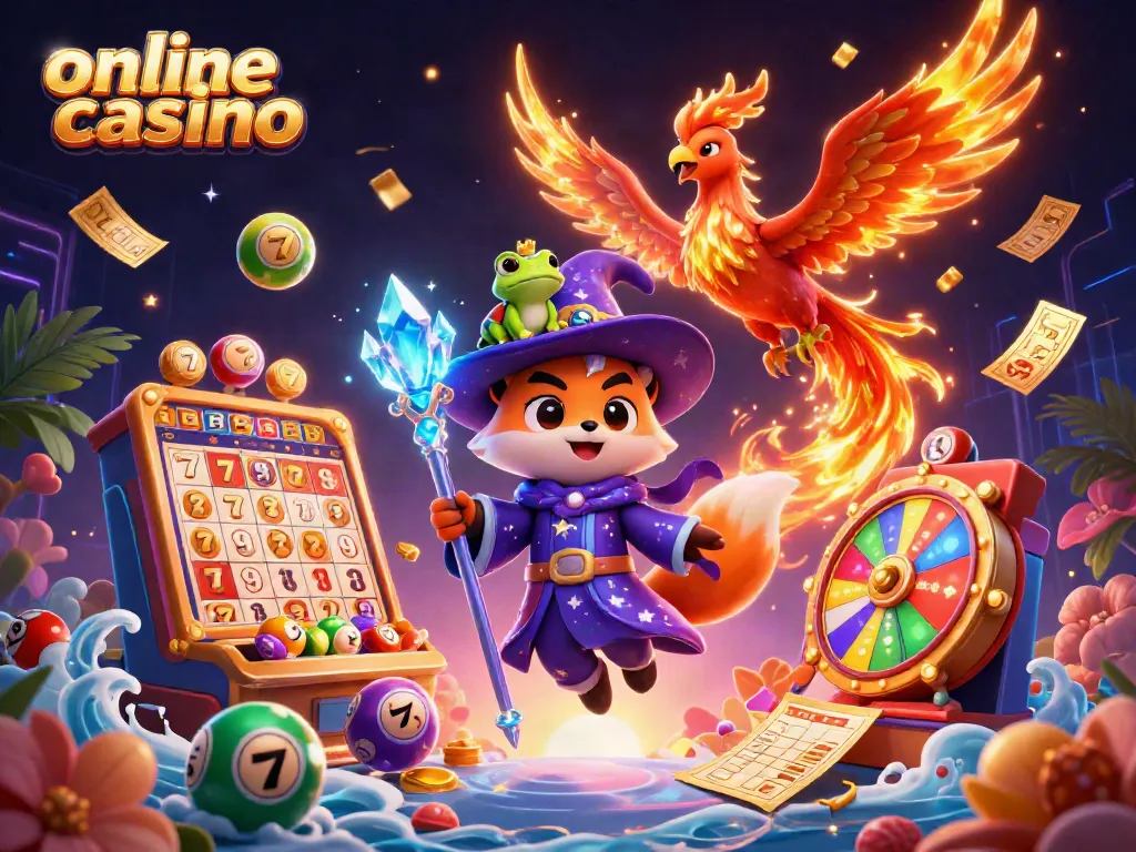 Engage with the online casino experience through a dynamic 3D illustration featuring magical characters and gaming elements.