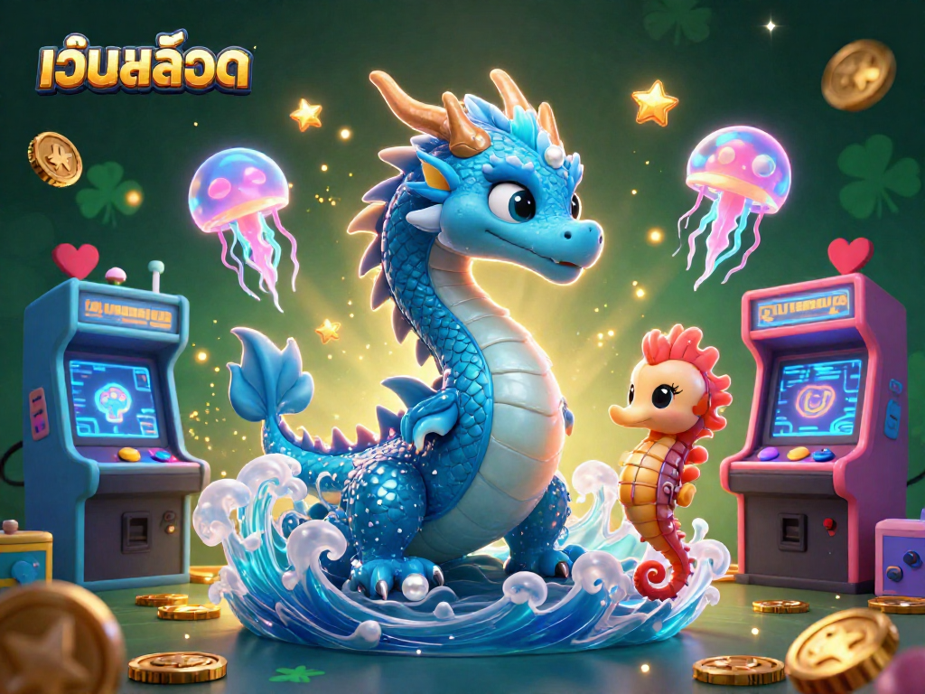 Play เว็บสล็อต with an enchanting azure water dragon and coral knight amidst vivid casino elements.