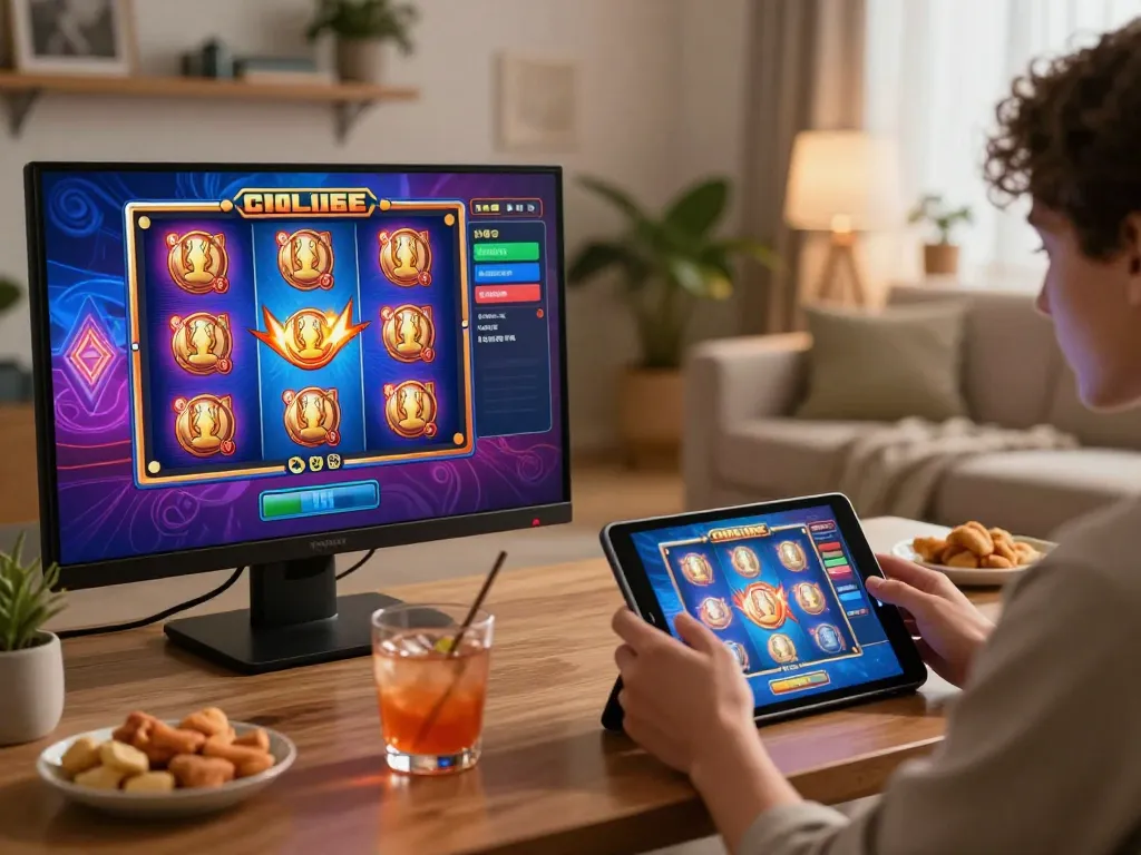 Player enjoying an exhilarating slot game on an authentic situs gacor platform while relaxing at home with snacks.