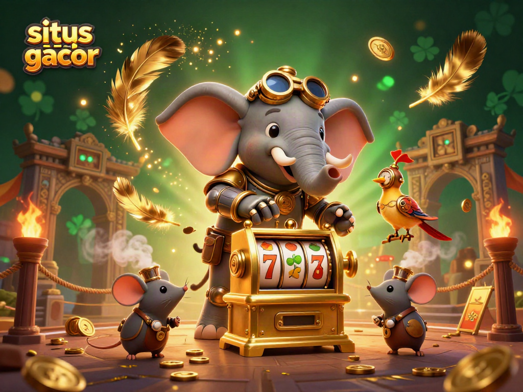 Gambar situs slot gacor dengan karakter gajah steampunk dan mesin slot emas yang berkilau.