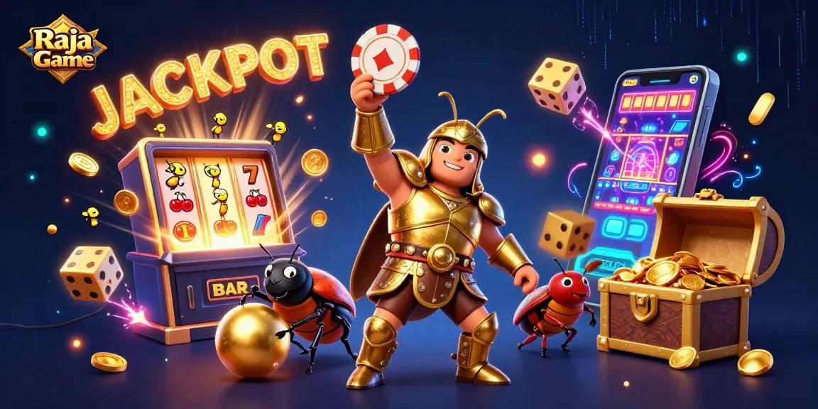 Join fun with Raja Game as a hercules beetle celebrates a jackpot victory in a dynamic casino scene.
