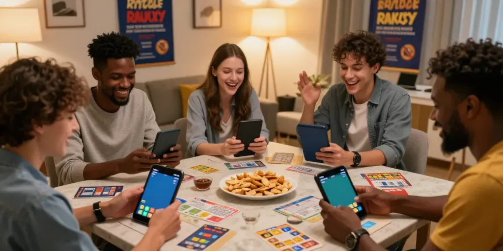 Engaged players enjoying Rumble Rummy on mobile devices in a vibrant living room setting.
