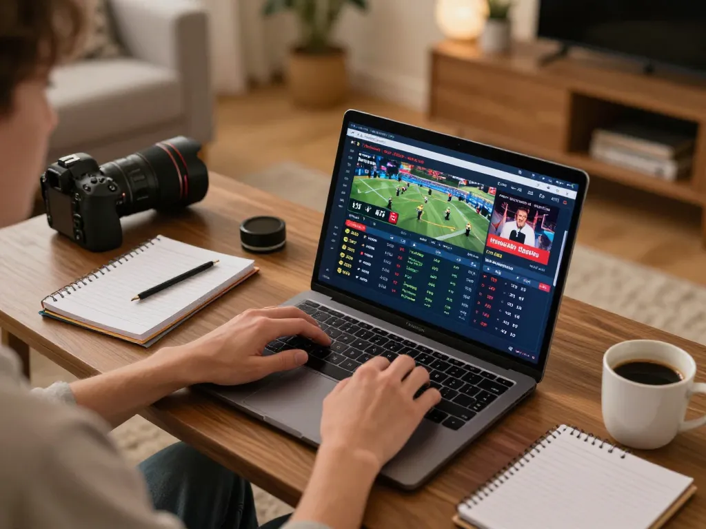 Engaging in god55vn sports betting at home with laptop and notes in a cozy setting