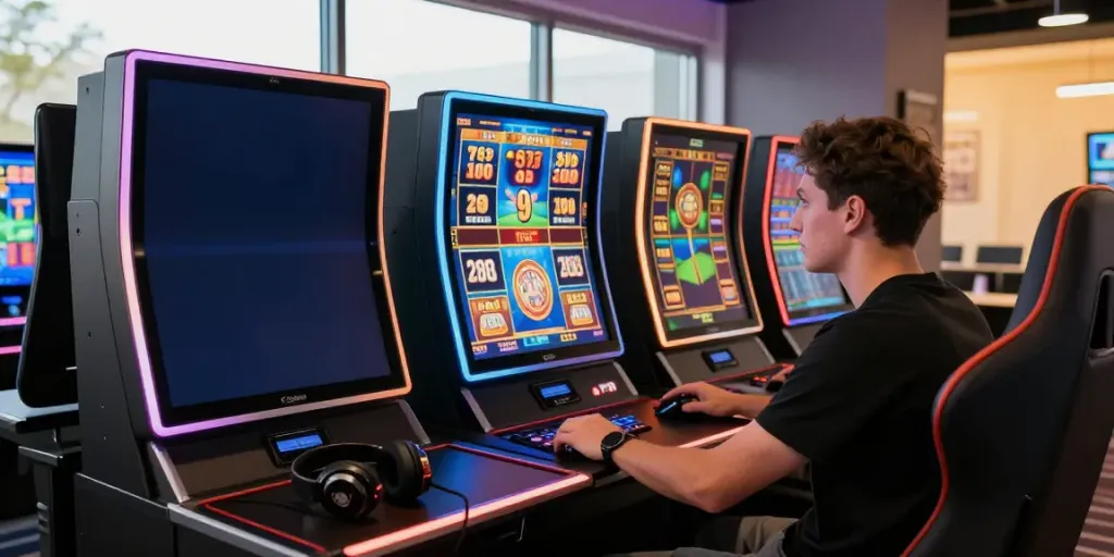 A player enjoying an akunjp online slot game in a vibrant gaming environment, surrounded by colorful lights and screens.