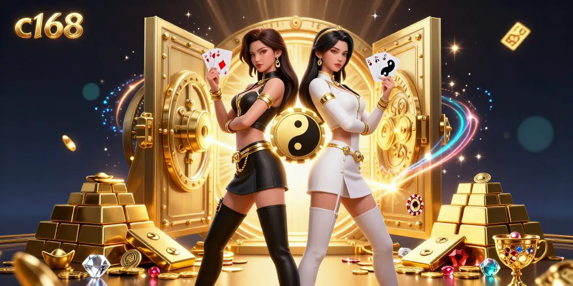 C168 showcases twin Asian women in a casino scene, holding red and black cards amidst gold bars and jewels.