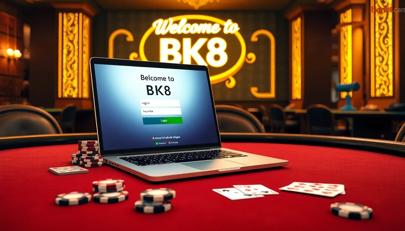 Engage seamlessly with BK8 login through a stylish casino scene, featuring vibrant gaming elements.