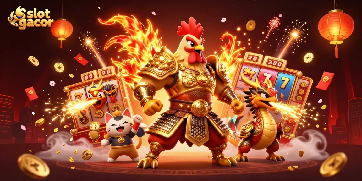 Engage with slot gacor through vibrant 3D illustration depicting exciting game elements and characters.